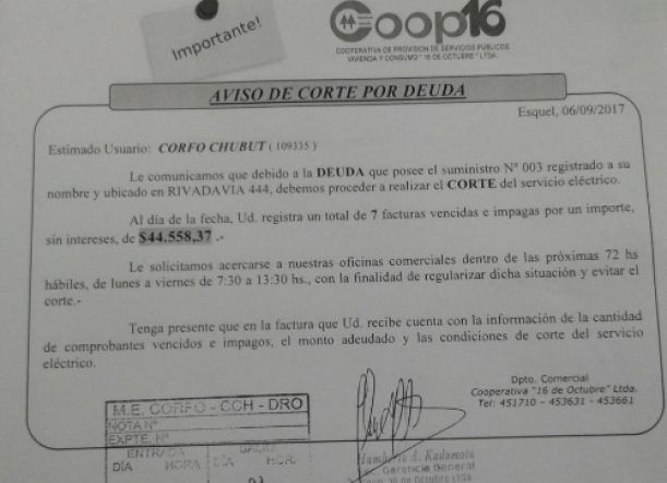 La Coop 16 notificó cortes de luz a oficinas públicas
