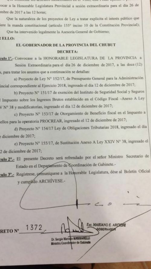 Arcioni convocó a sesión extraordinaria para el martes