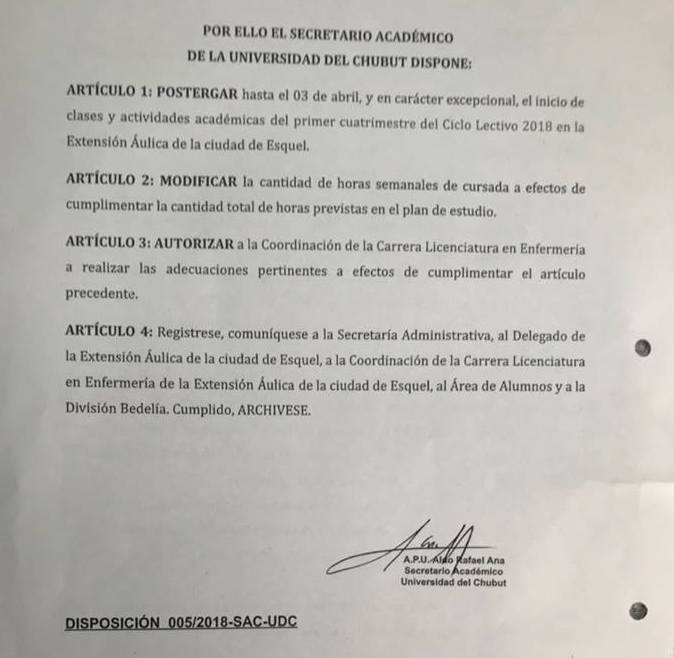 La Universidad de Chubut sin actividades hasta abril