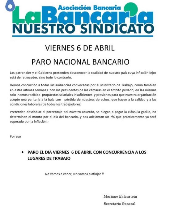 Ratifican paro de bancarios para este viernes