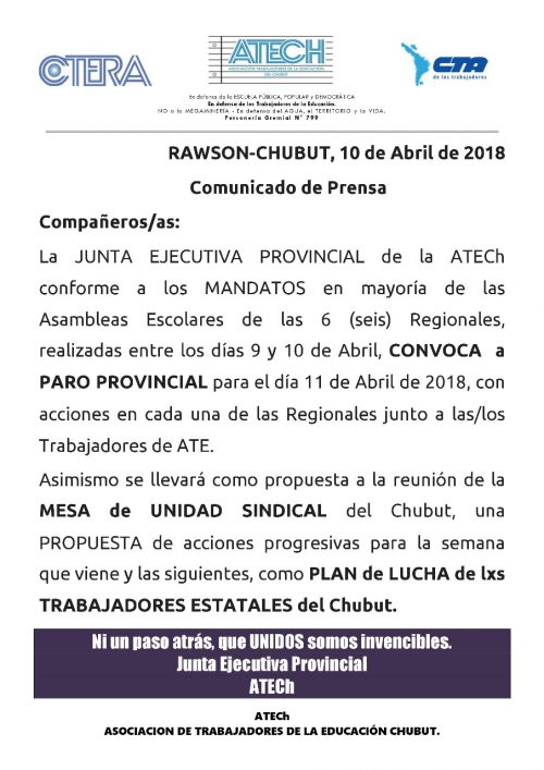 ATECH convocó a un paro provincial para este miércoles