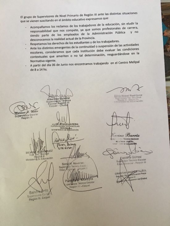 Supervisores de Primario de Esquel expresaron su postura