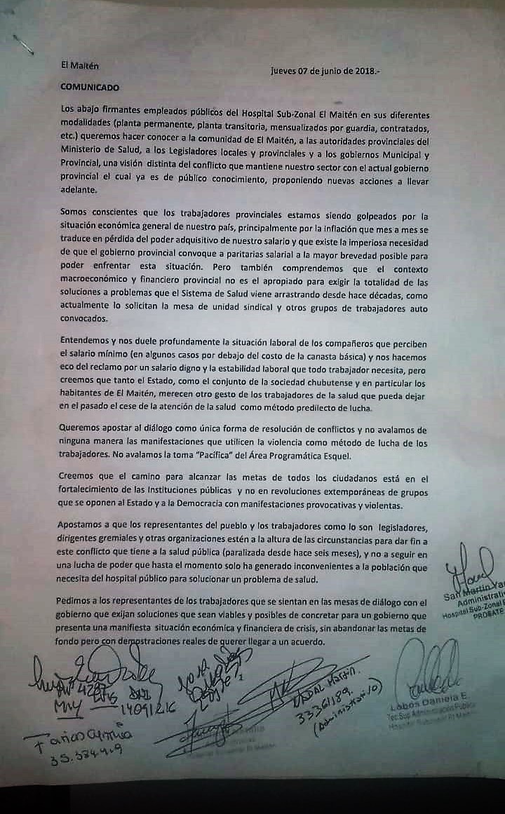 Trabajadores sanitarios de El Maitén no avalan la toma