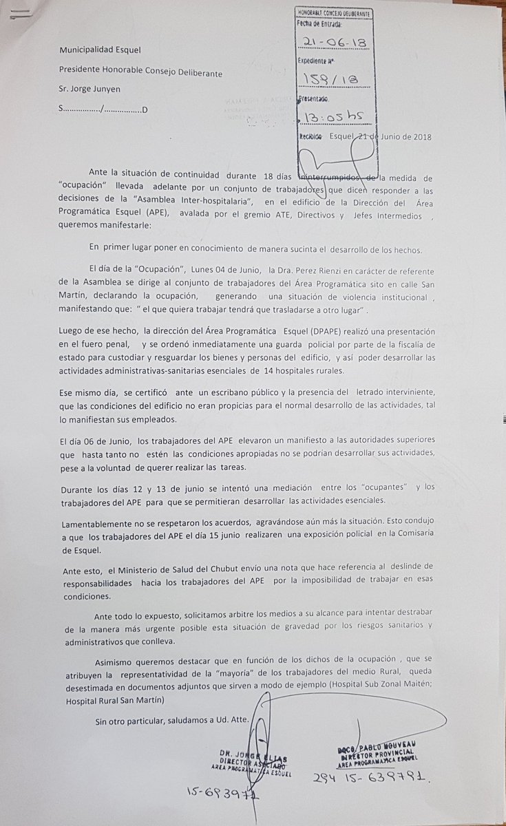 Por la toma, el Área Programática pidió intervención del Concejo