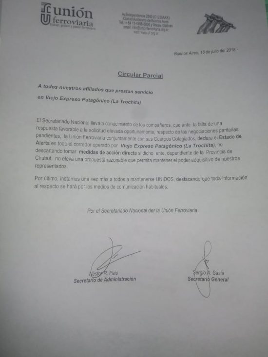 Trabajadores de La Trochita en estado de alerta