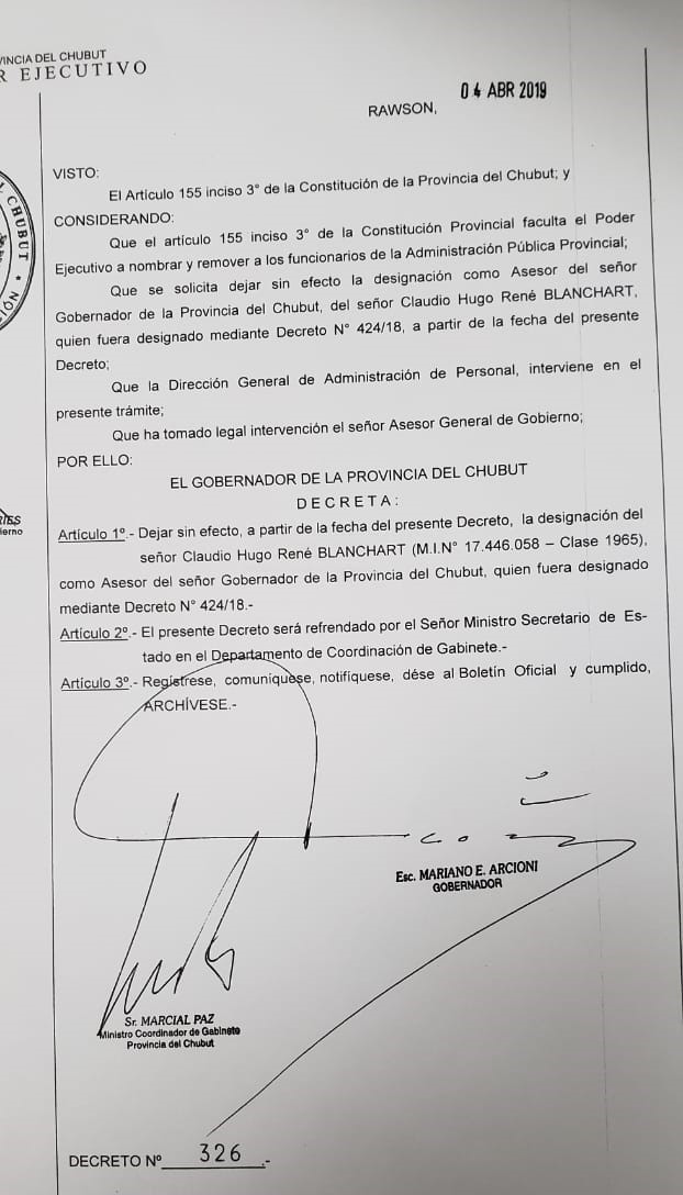 Arcioni echó a Claudio Blanchart del gabinete provincial