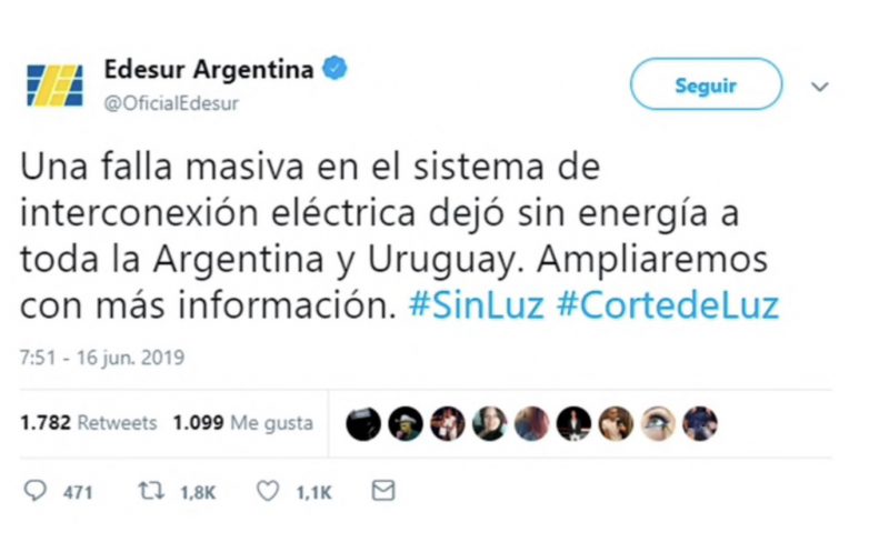 Falla masiva dejó sin luz a todo el país