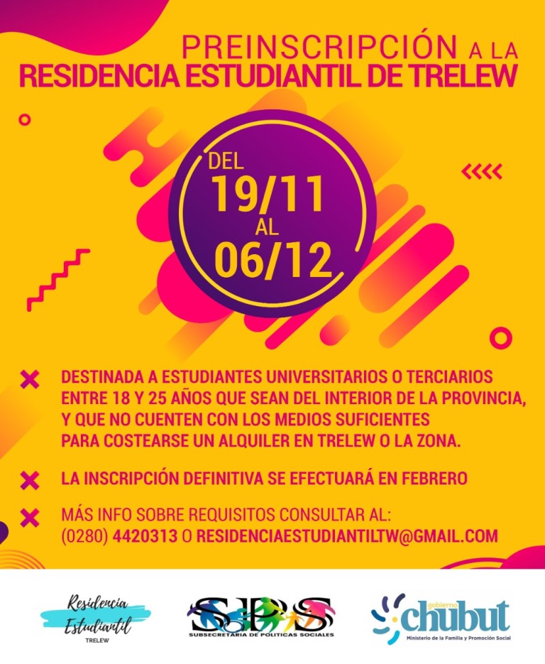 Abren la preinscripción a la Residencia Estudiantil de Trelew
