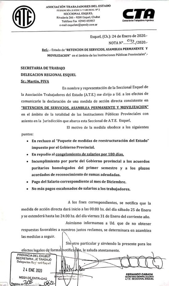 ATE anunció retención y movilización hasta fin de mes