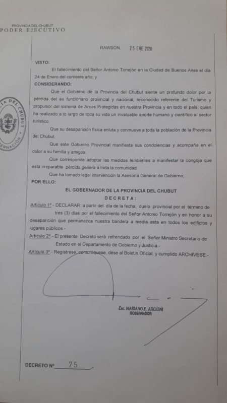 Duelo provincial en Chubut en homenaje a Antonio Torrejón
