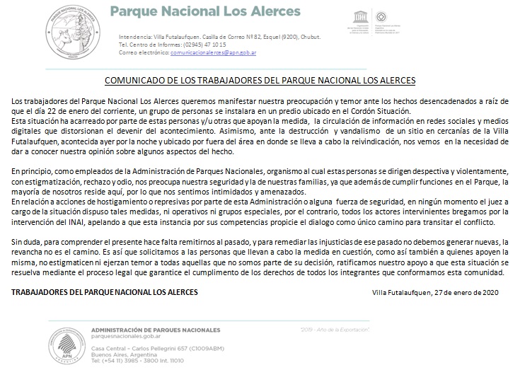 Empleados del Parque Nacional: “Nos sentimos intimidados y amenazados”