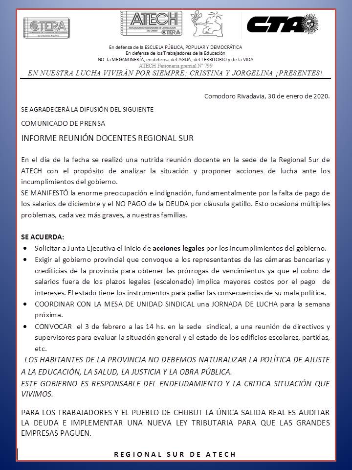 Docentes de Comodoro quieren que ATECH inicie acciones legales
