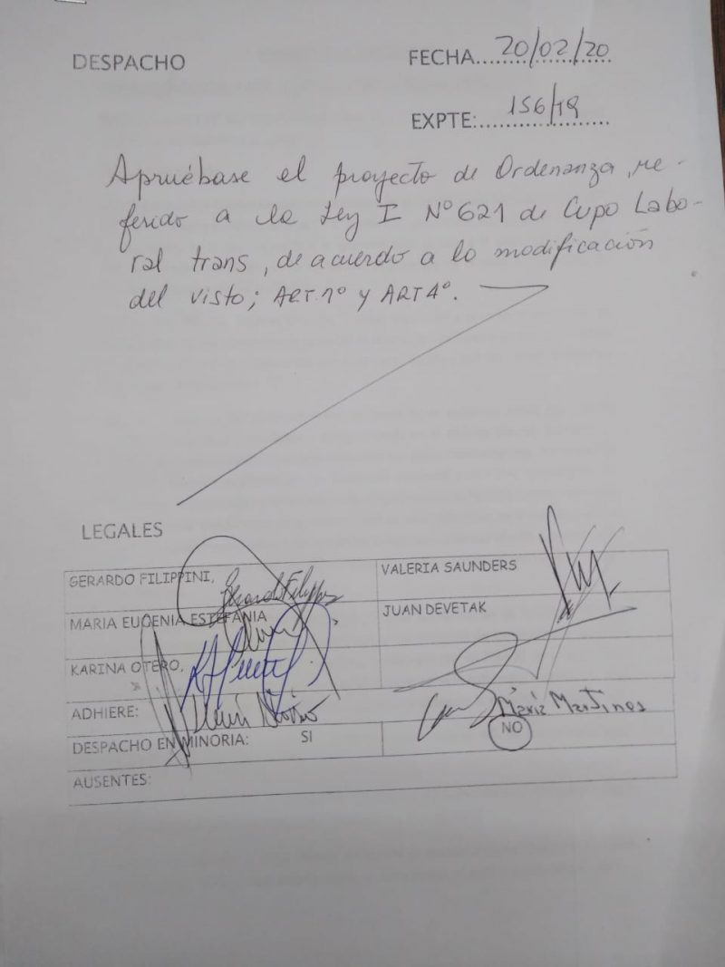 Esquel: La Comisión de Legales aprobó el Cupo Laboral Trans