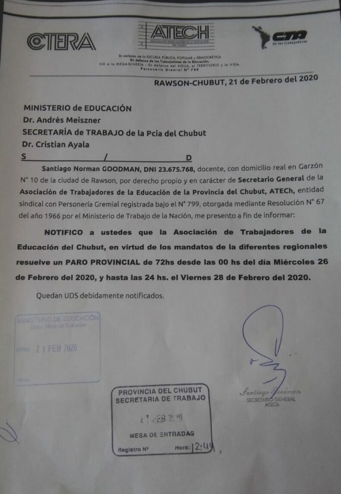 ATECH definió el paro por 72 hs desde el miércoles