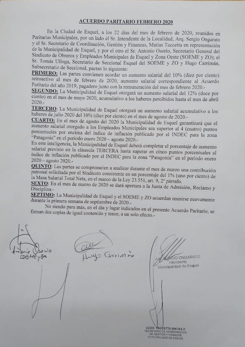 Municipales firmaron el acuerdo pero posponen el “aporte patronal”