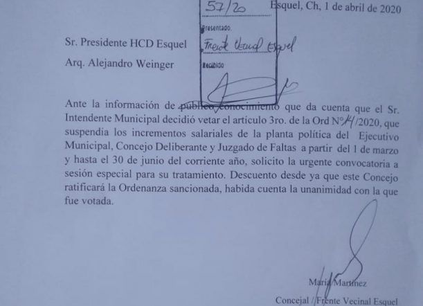 El Frente Vecinal pide ratificar el congelamiento de sueldos políticos