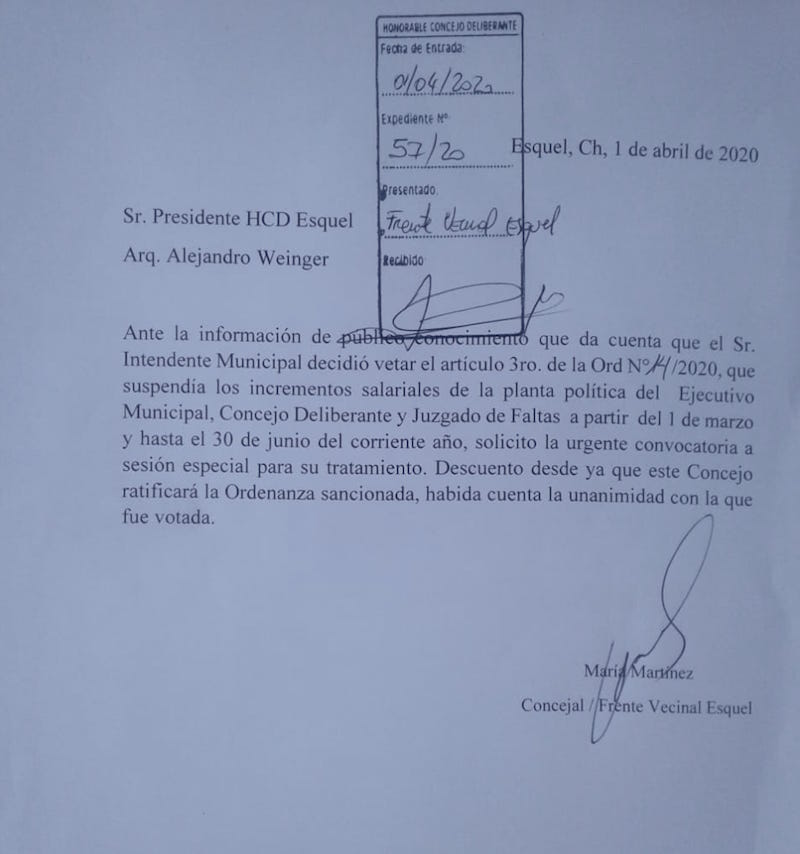 El Frente Vecinal pide ratificar el congelamiento de sueldos políticos