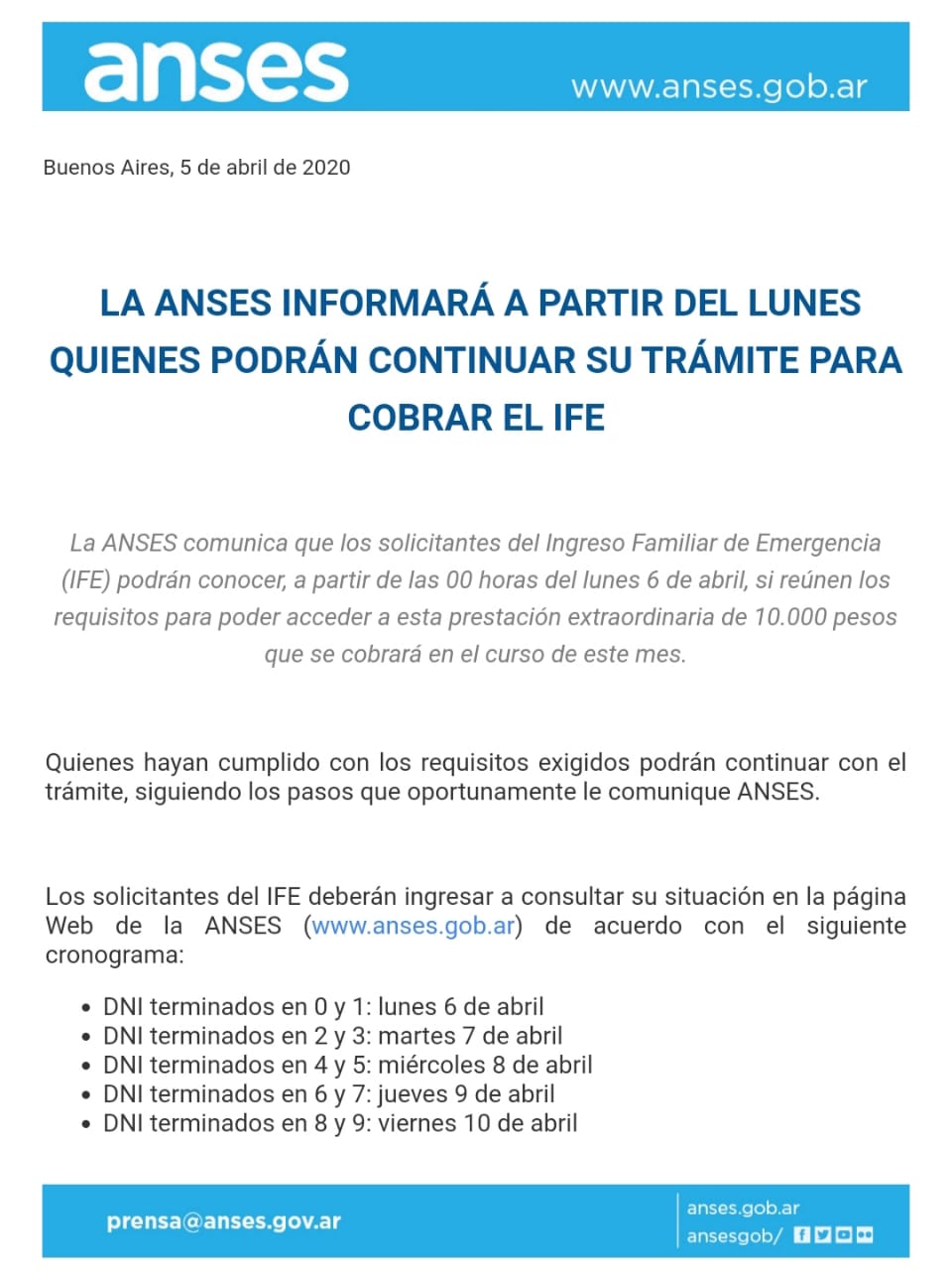 ANSES informa desde hoy quienes recibirán el Ingreso Familiar