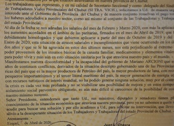 SITRAVICH envió una carta documento al Presidente