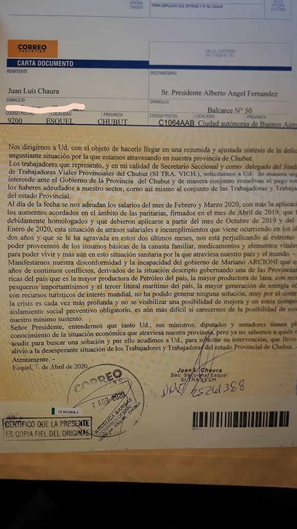 SITRAVICH envió una carta documento al Presidente