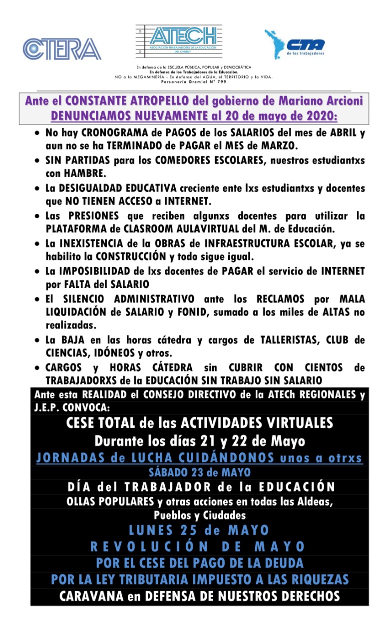ATECH llama a suspender clases virtuales por el no pago de sueldos