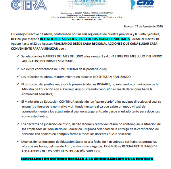 ATECH mantiene el paro provincial hasta el 22 de agosto