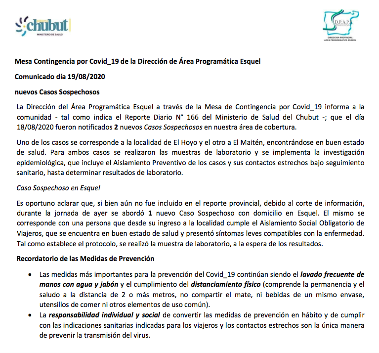 COVID19: Confirman tres casos sospechosos en la cordillera