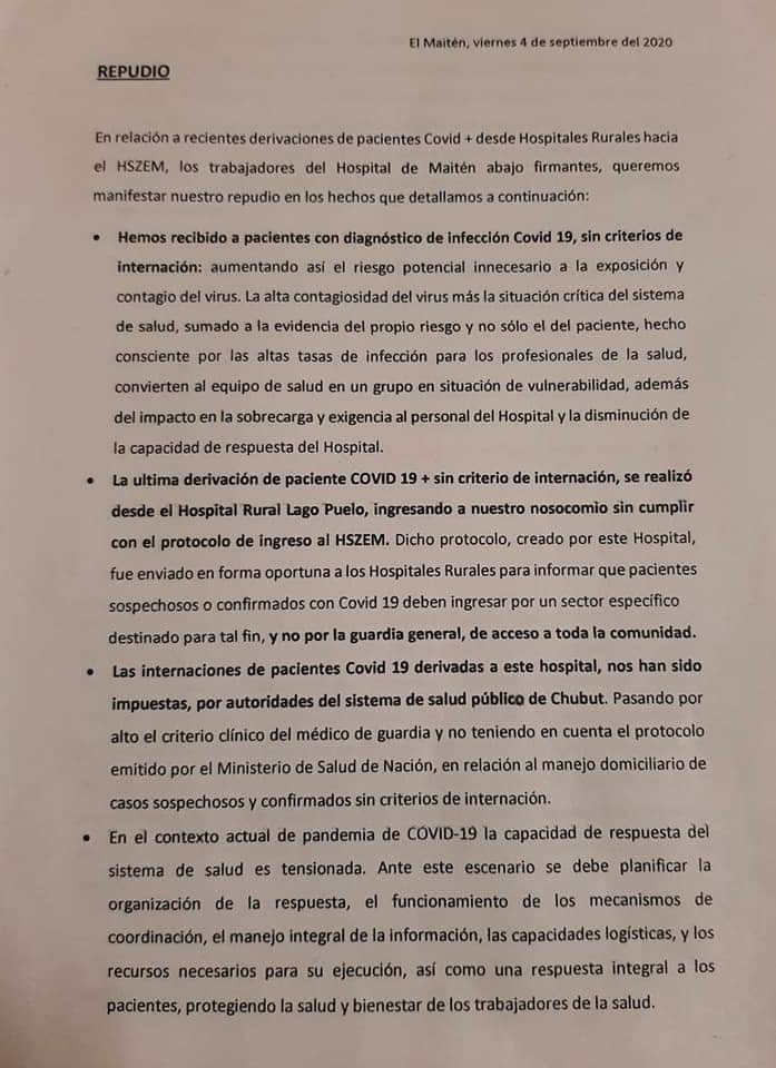 Personal de salud de El Maitén denuncia derivaciones sin protocolo