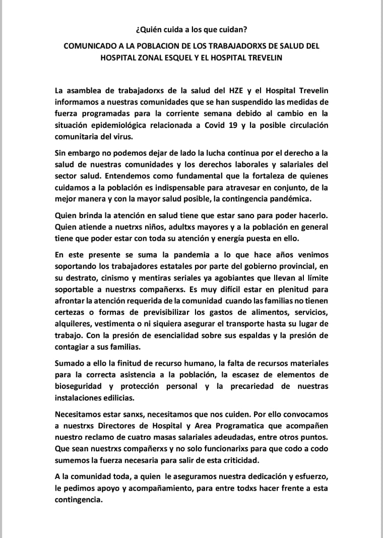 Trabajadores de salud suspenden todas las medidas de fuerza