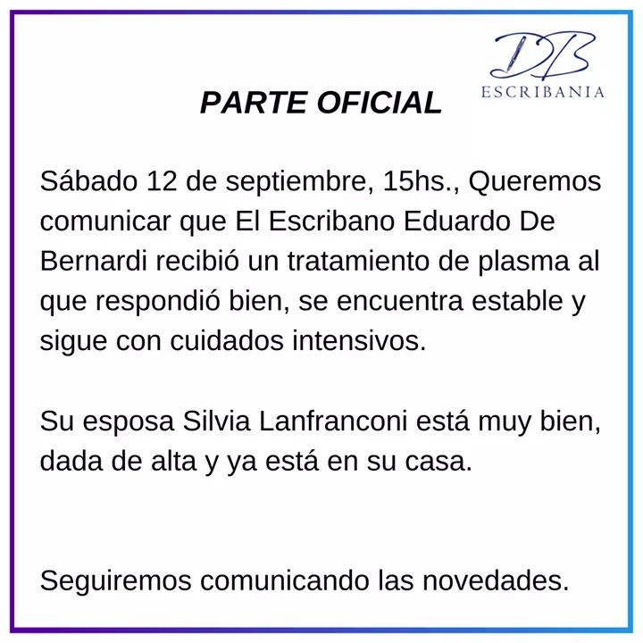 Informaron sobre la salud de De Bernardi