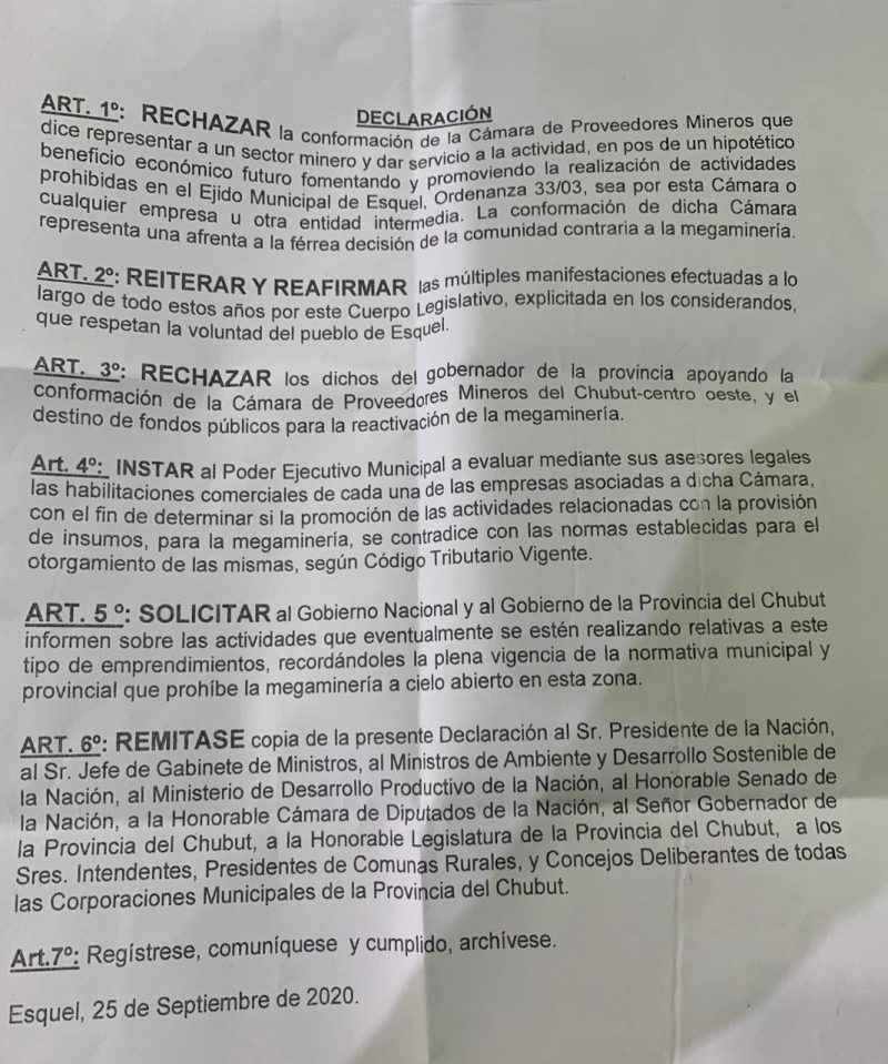 Rechazo a la instalación de la Cámara de Proveedores Mineros