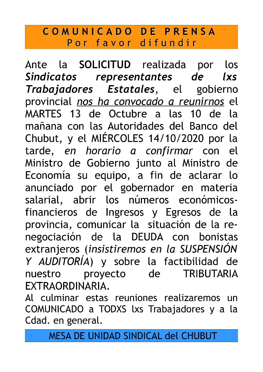 El Gobierno de Chubut convocó a los gremios