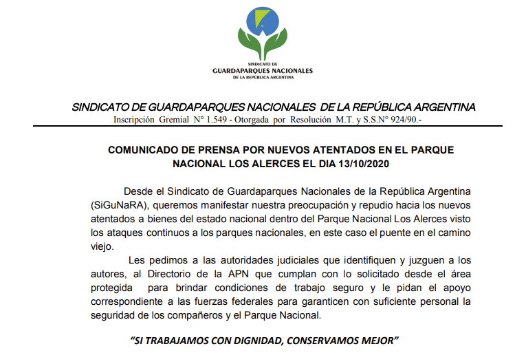 Parque Los Alerces: Guardaparques denuncian “nuevos atentados”