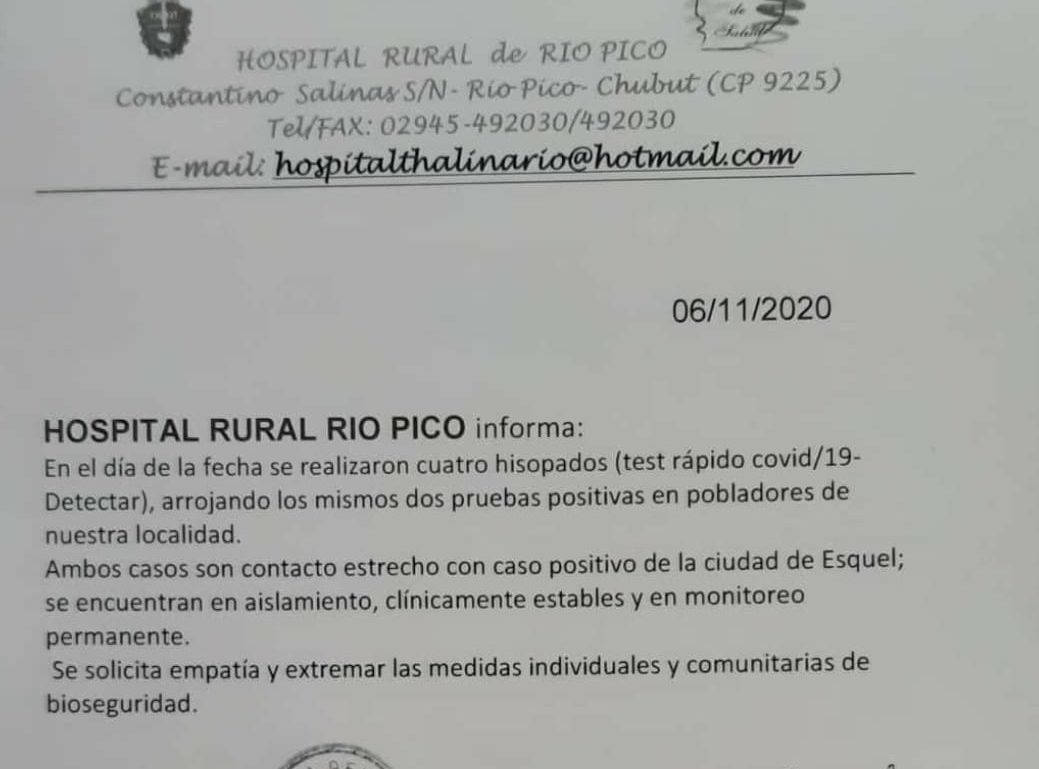 Covid-19: Se registraron dos casos positivos en Río Pico