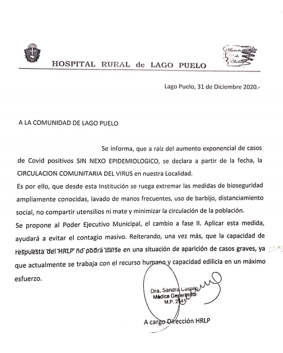 Lago Puelo declaró la transmisión comunitaria de COVID
