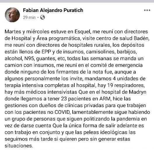 Puratich desmintió falta de elementos de protección en el Hospital