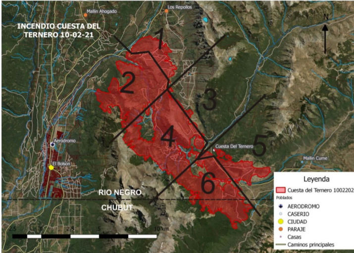 Sectores del incendio en Cuesta del Ternero