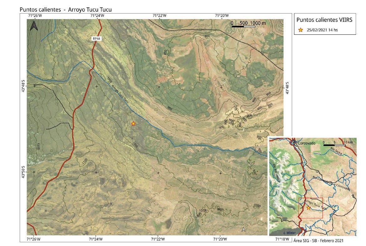 Mapa del incendio en Corcovado
