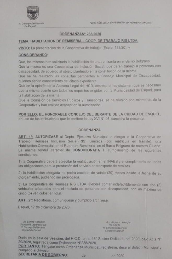 La ordenanza que habilita la remisería de inclusión social