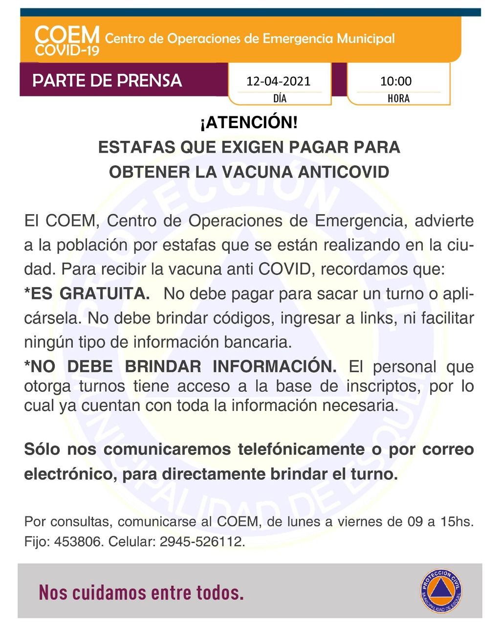 Estafas-No hay que pagar para sacar turno o aplicarse la vacuna!