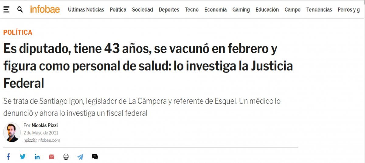 La Justicia Federal investiga si fue irregular la vacunación del diputado Igón