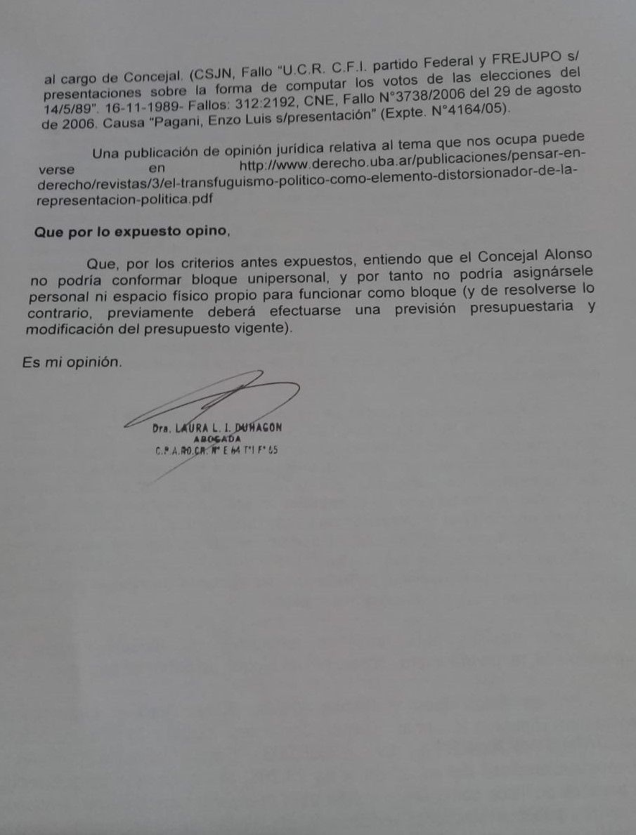 Caso del bloque unipersonal del Concejal Alonso-Asesoría Legal