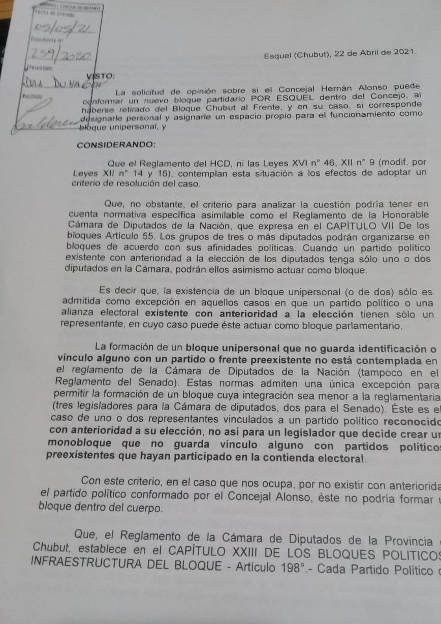 Caso del bloque unipersonal del Concejal Alonso-Asesoría Legal
