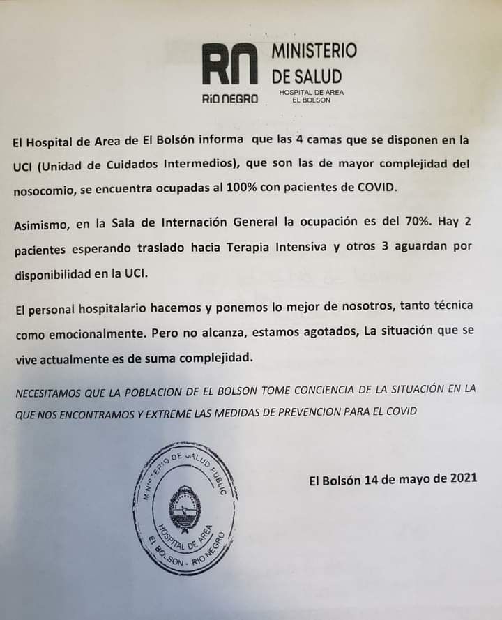 COVID: El Hospital de El Bolsón tiene pacientes esperando camas y traslados