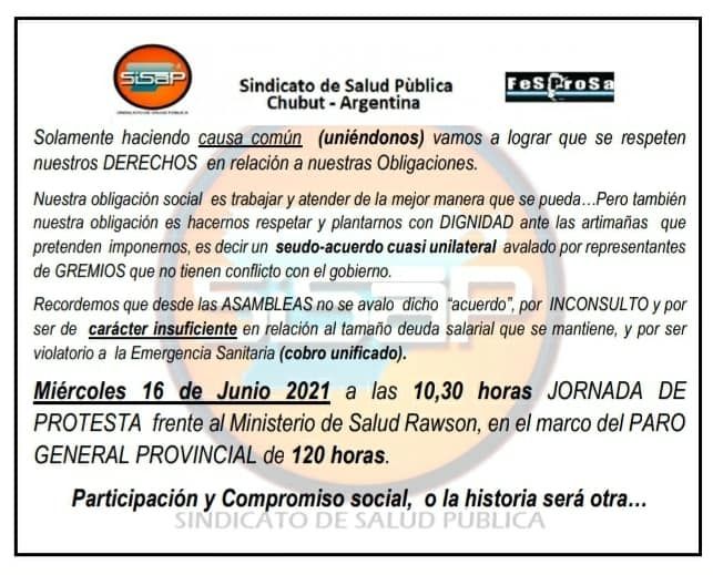 SISAP comenzó un paro de salud por 120 horas en Chubut