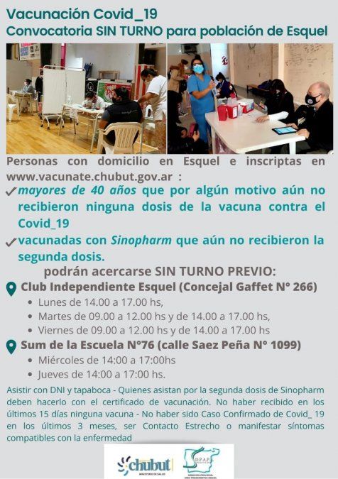 Esquel: Aclaran que la vacunación sin turno es sólo para residentes mayores de 40