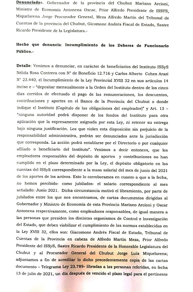 Denuncia penal contra Arcioni, Antonena y Prior por la demora en el pago de jubilados