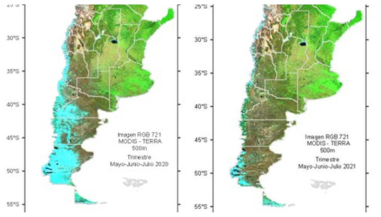 El mapa que compara la falta de nieve de este año con el 2020 (Servicio Meteorológico Nacional)