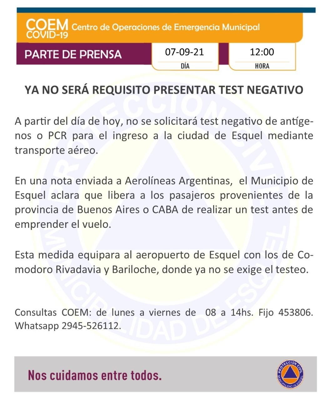 Esquel no pedirá test COVID para ingresar vía aérea