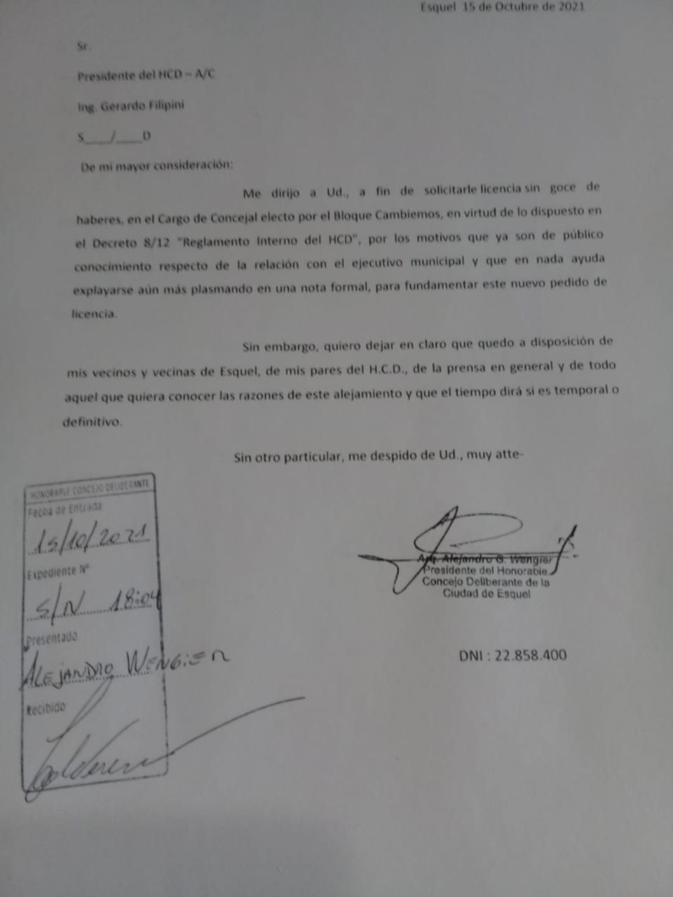 Wengier pidió otra licencia por la "relación con el ejecutivo municipal"